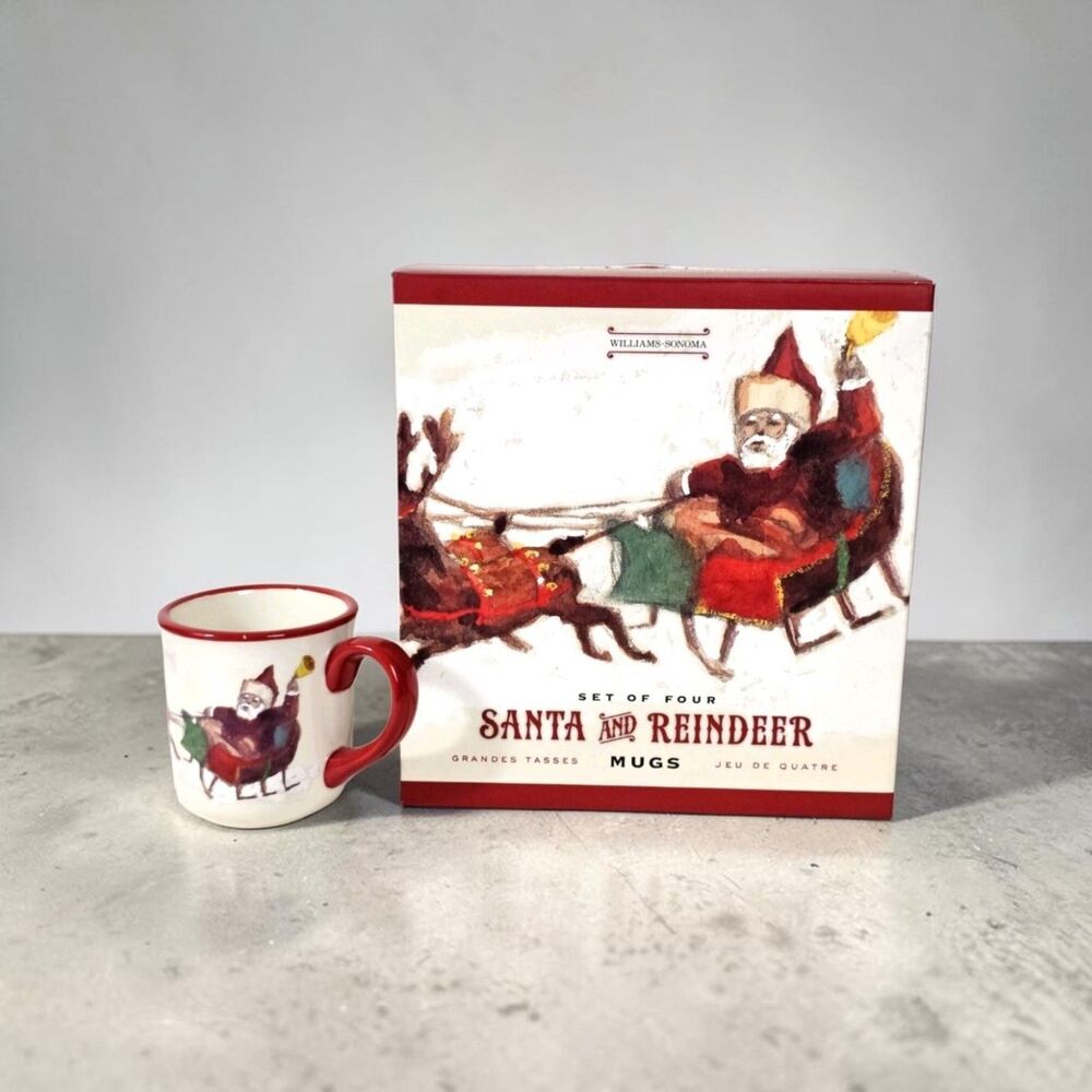 Williams-Sonoma Mugs Santa and Reindeer Set of 4 New Christmas Mugs  Open Box